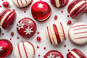 Fototapeten Festive red and white macarons with Christmas decorations. Perfect for holiday designs © Fotograf