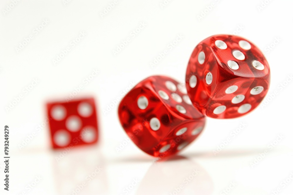 Poster Three red dice stacked on top of each other. Suitable for gambling and luck concepts