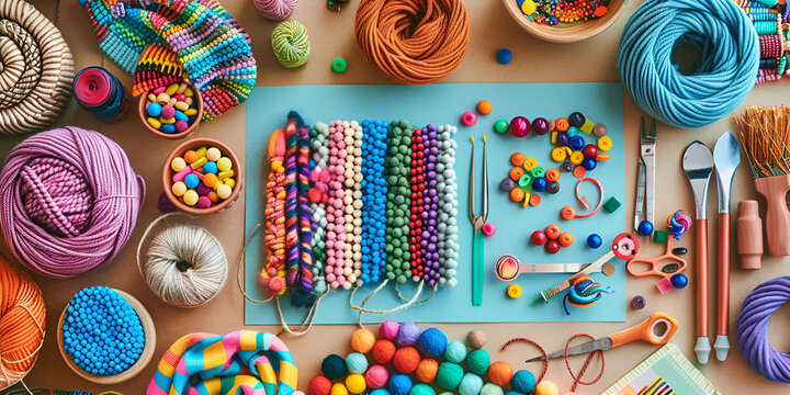 DIY knitting and jewelry-making supplies spread out for a creative project.