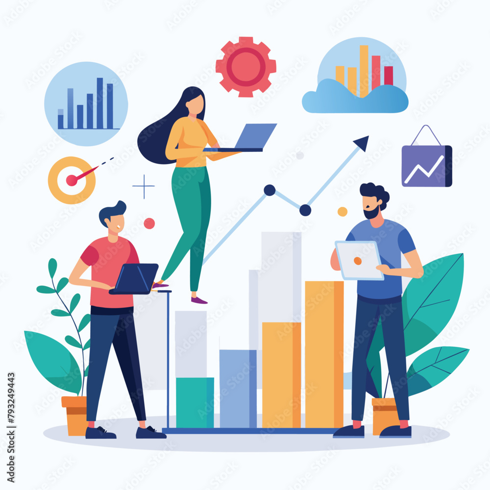 Poster a group of individuals focusing on laptops, analyzing growth charts in a simple and minimalistic off