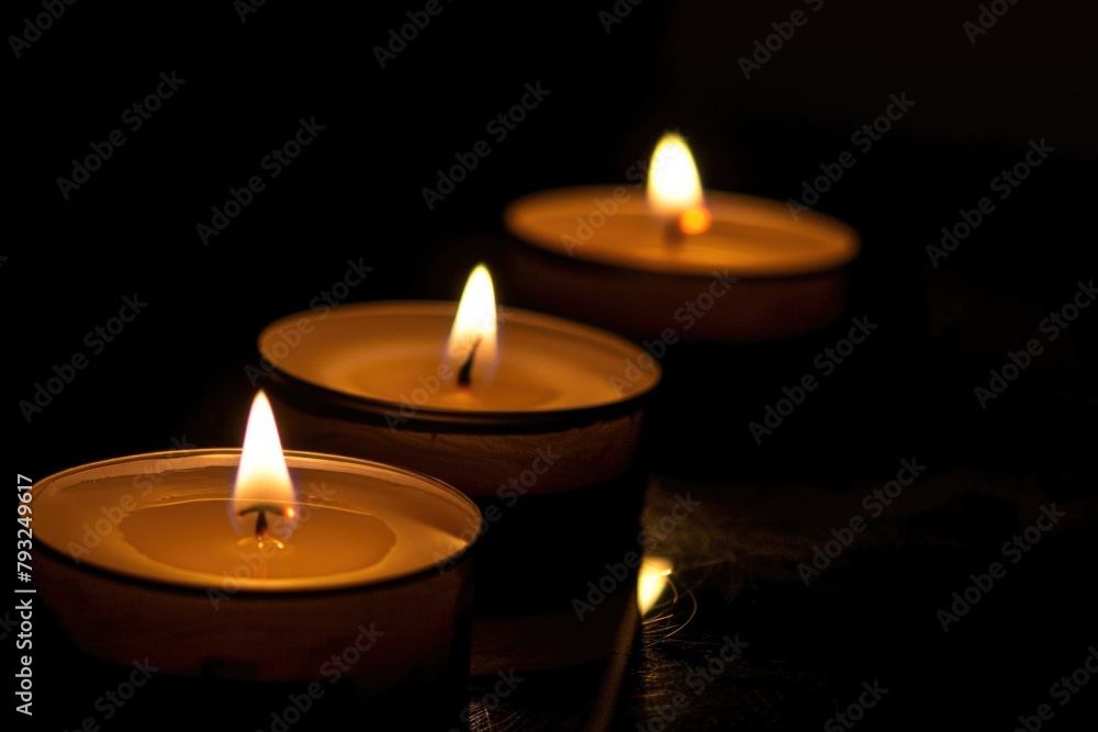 Aufkleber Three lit candles on a table in the dark. Suitable for various occasions and events