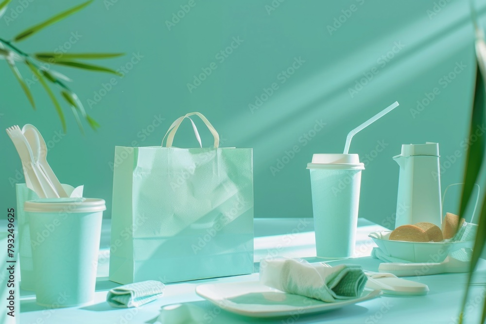 Poster a table topped with plates and cups filled with food. ideal for food and dining concepts