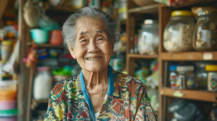 Smiling Old asian woman Eco-friendly containers for storing green consumer shop - Powered by Adobe