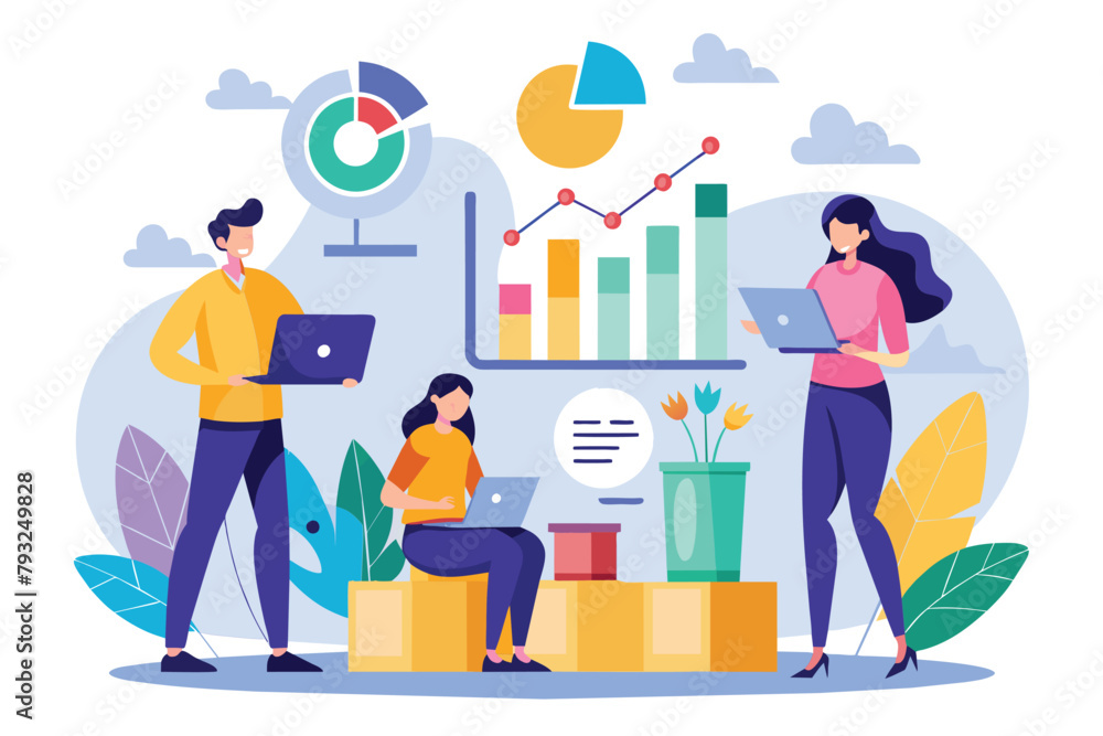 Poster diverse group of individuals standing around a table, discussing and analyzing growth data on a lapt