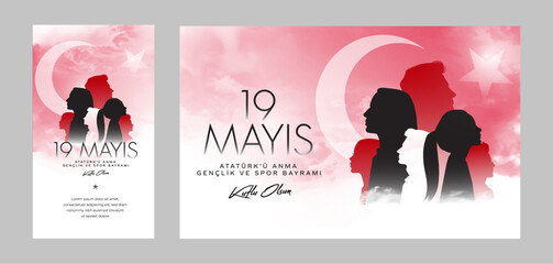 19 Mayıs Atatürk'ü Anma, Gençlik ve Spor Bayramı,  translation: 19 may Commemoration of Ataturk, Youth and Sports Day. Turkey. - obrazy, fototapety, plakaty