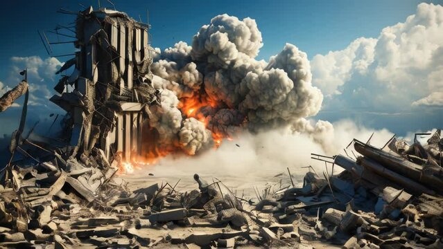Modern city destroyed by explosions, war destruction in combat, broken concrete buildings and burning city