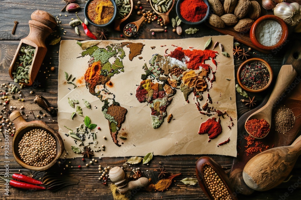 Aufkleber A map of the world with various spices surrounding it. Ideal for culinary or travel concepts