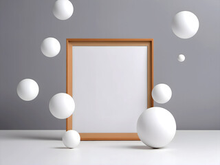 Abstract white geometric picture frame with floating white balls in the air on a light gray background