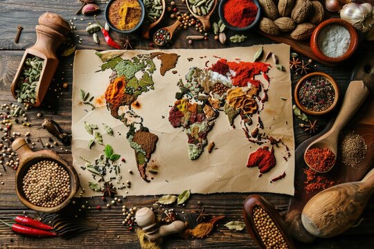A map of the world with various spices surrounding it. Ideal for culinary or travel concepts