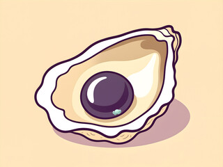 cartoon vector illustration of an oyster with a purple pearl inside on a beige background