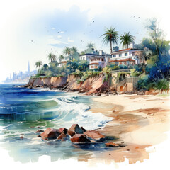 Watercolor Beach Landscape, clipart Illustration, Generative Ai