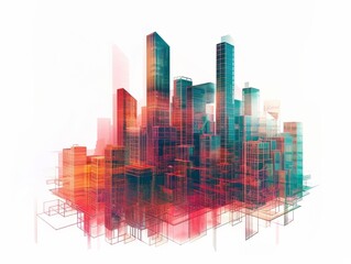 Downtown High Rise Buildings Blended on White Canvas - Business Growth, Economic Development, Wall Street Finance Report