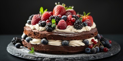 A rich chocolate cake adorned with fresh berries and dollops of whipped cream on top creating a delicious dessert.