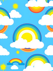 illustration of a sun and rainbow on a blue sky with a 
cloud background