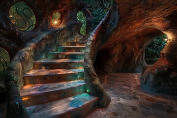 Mystical Cave Staircase with Sage Green Art Accents, Highlighted by Eco-Friendly LED Lighting