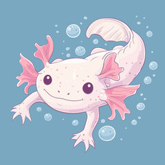 Cute cartoon pink axolotl on blue background. Vector illustration.