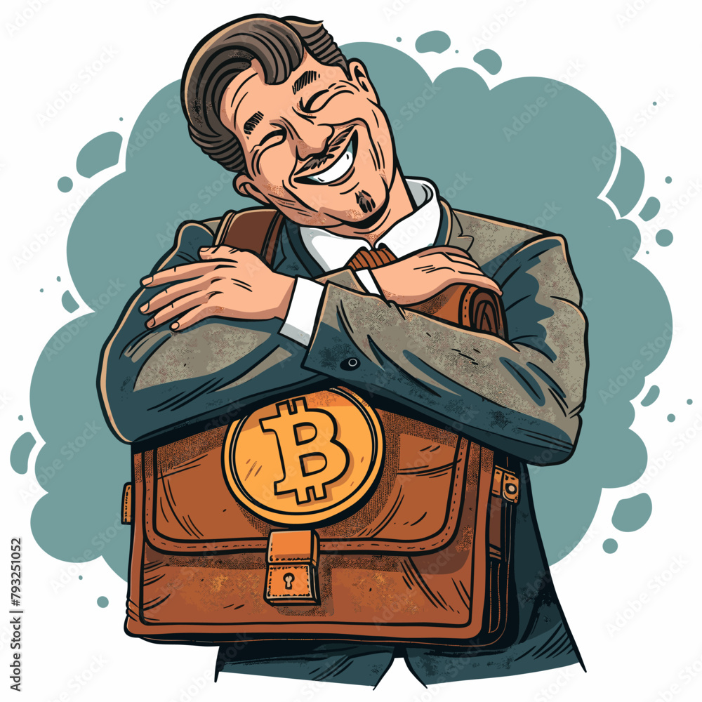 Poster vector illustration of a happy smiling man with a briefcase and bitcoin.