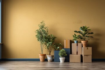 Modern room interior with plants and moving boxes