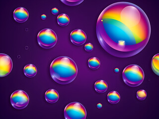 realistic soap bubbles with rainbow reflections on a dark purple background