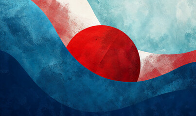 A wavy minimalistic background in blue and red brushed painted colors with a red sun coming up. 