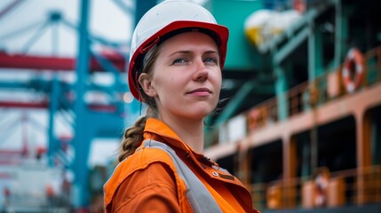 A woman confidently wearing a hard hat and orange jacket, ready for work in a maritime setting.