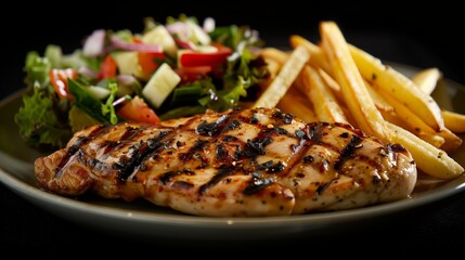 A plate of food featuring grilled chicken, crispy french fries, and fresh salad.