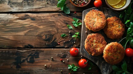 Freshly made crab cakes on a rustic wooden board. Perfect for seafood menu or cooking blog