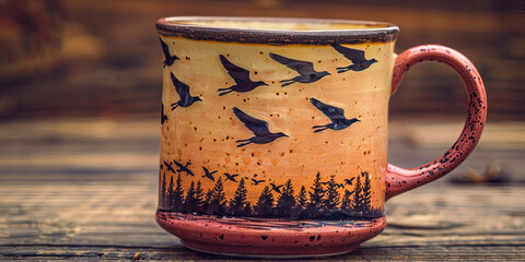 A mug with birds on it sits on a wooden table