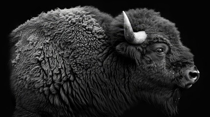 Naklejka premium A monochrome image of a bison's massive, curved horns - one portrays an impressive length and sweeping curve