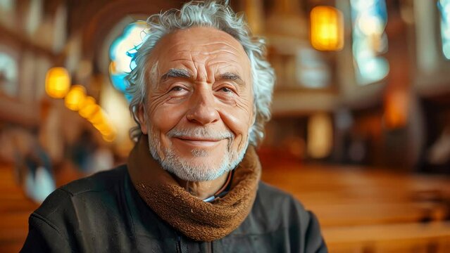 Portrait of a smiling senior man priest in an orthodox church
