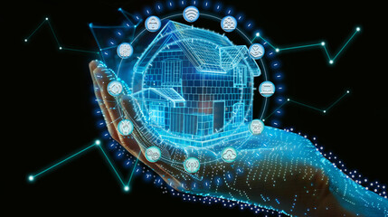 Futuristic smart home control system in hand, digital house hologram display