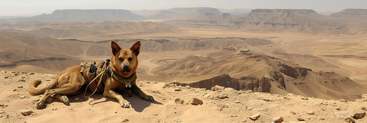 A dog is laying on the ground in a desert - obrazy, fototapety, plakaty
