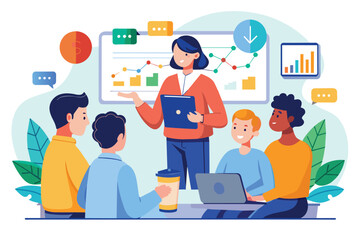 A woman stands in front of a group, explaining trading concepts like simple and mini, using a presentation, people are learning about trading, Simple and minimalist flat Vector Illustration