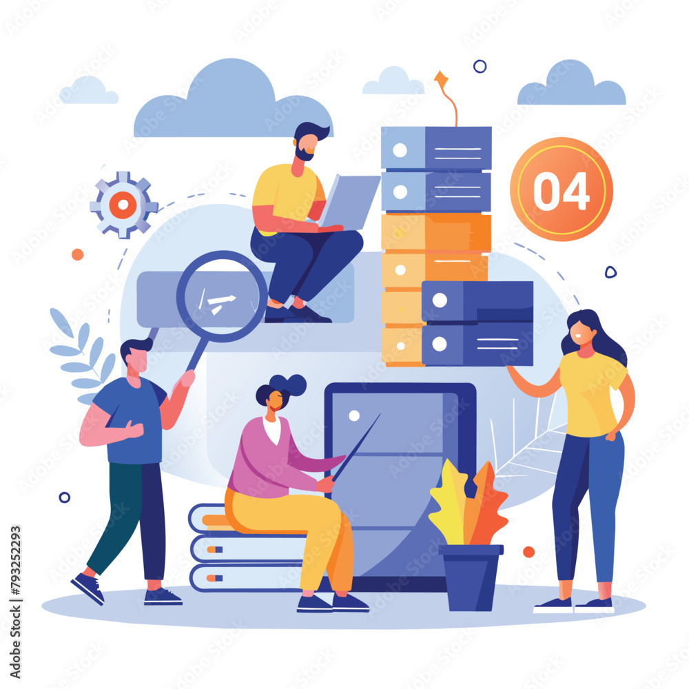 Poster a group of individuals seated on tall stacks of books, engaged in conversation or reading, people ar