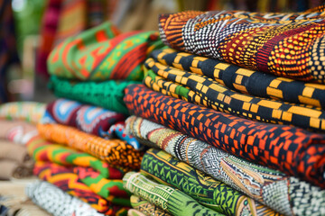 Colorful African Ghanaian textiles and fabrics in a local market. Geometric patterns of Kente cloth, a symbol of Ghanaian heritage