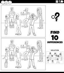 differences activity with cartoon surprised young people coloring page