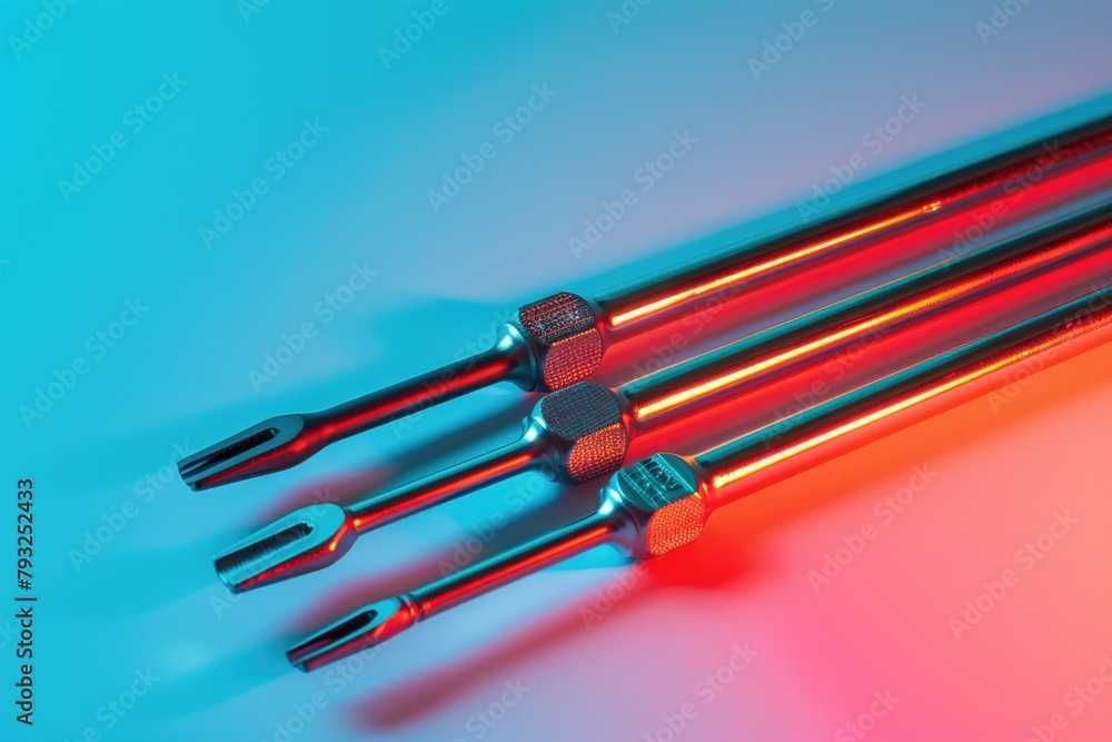 Poster Various metal tools arranged neatly on a table. Suitable for industrial and DIY projects