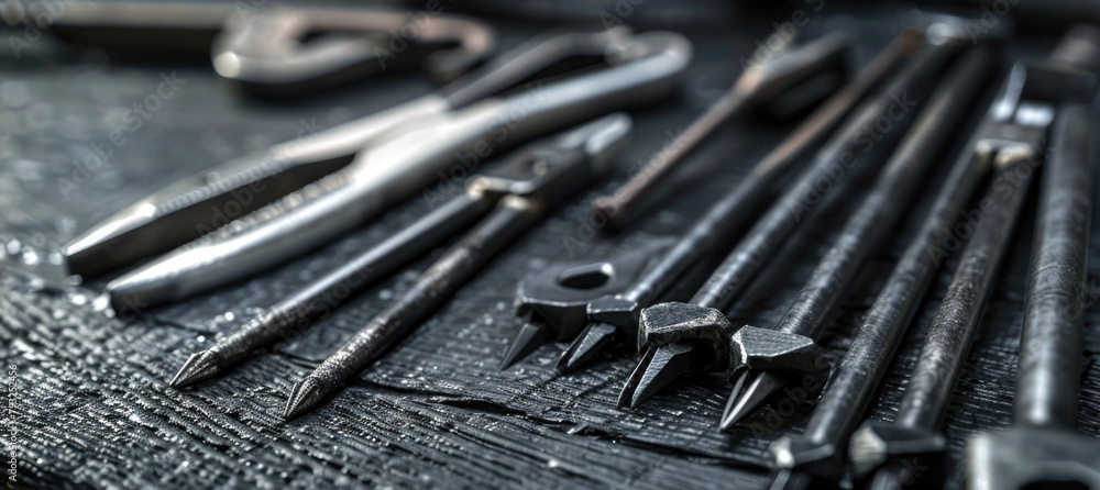 Poster Collection of tools neatly arranged on a table, suitable for DIY projects or construction themes