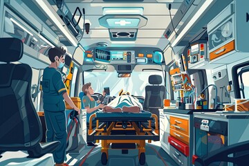 A man lying on a gurney inside an ambulance with medical equipment around him. Generative AI