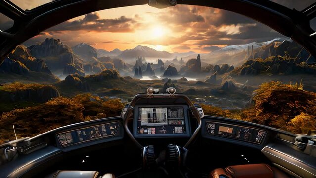 View from inside the cabin of a futuristic spaceship on an exotic alien planet