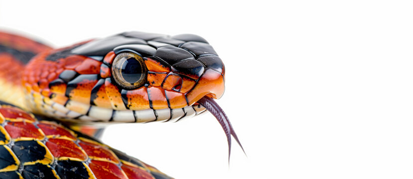 Venomous Eastern coral snake - Micrurus fulvius - close up macro of head, eyes, tongue. Side view of whole snake with great scale detail isolated on white background