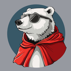 Polar bear in a red scarf and sunglasses. Vector illustration. - obrazy, fototapety, plakaty