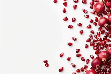 Juicy pomegranates arranged on a clean white background. Perfect for food and nutrition concepts - obrazy, fototapety, plakaty