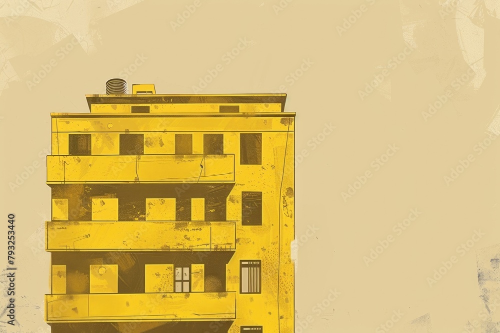 Poster a yellow building with a clock tower, suitable for urban and architectural themes