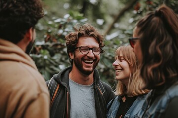 Group of friends talking and laughing together. Group of young people having fun outdoors.