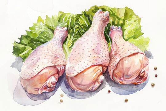 A watercolor painting of three pieces of meat and lettuce. Suitable for food and cooking concepts