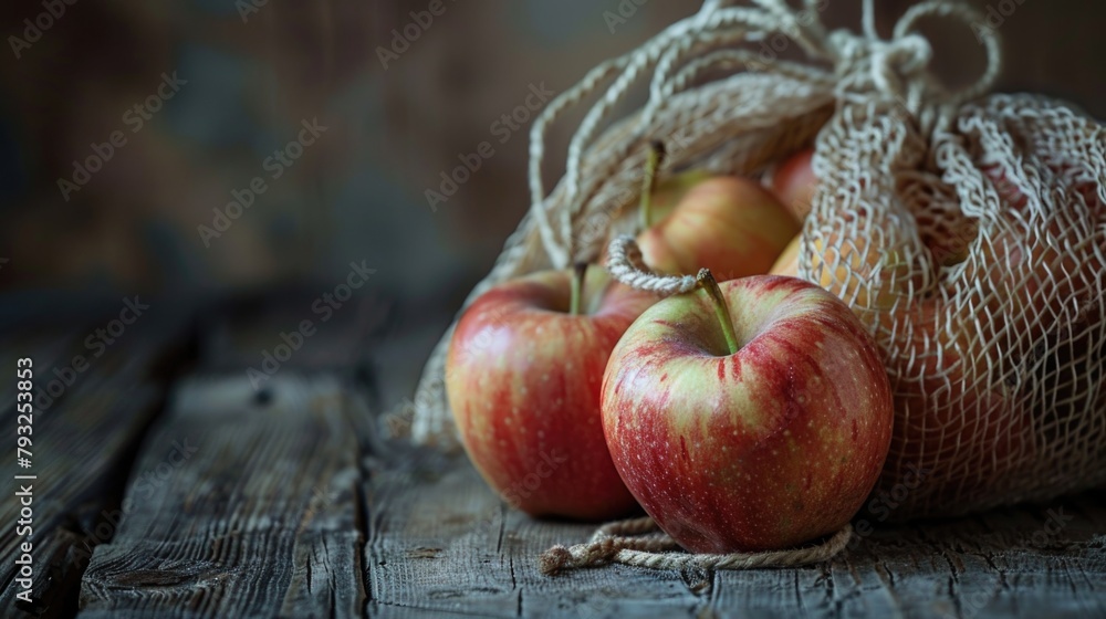Poster fresh apples displayed on a rustic wooden table, perfect for food and agriculture concepts