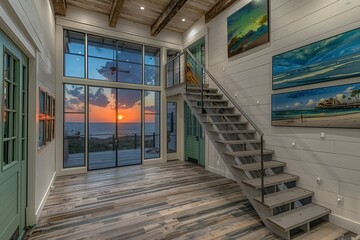 Rustic Coastal Cottage with Floating Stairs and Sage Green Art Gallery, Bathed in the Warmth of Sunset