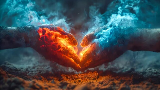 Two energy fire hands forming a heart shape on dark background. Love and romance concept