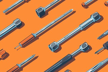 Naklejka premium Assorted screws on vibrant orange backdrop. Ideal for industrial projects